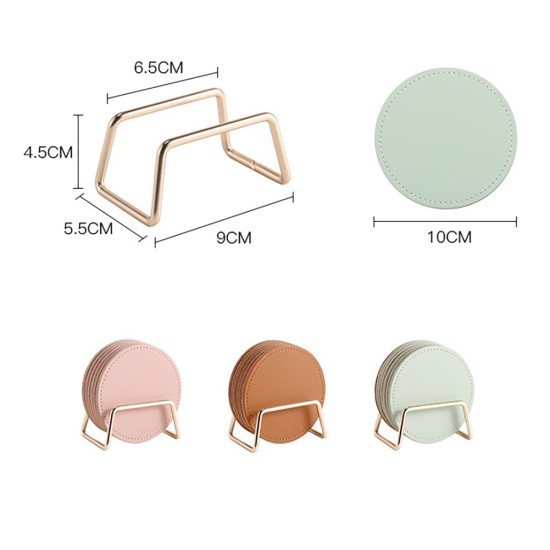 Round Leather Insulation Coaster Home Office Table Mat Placemats with Storage Stand Kitchen Supplies Pink