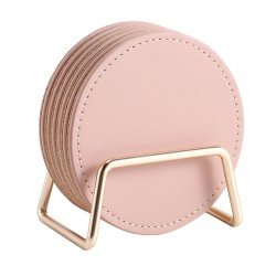 Round Leather Insulation Coaster Home Office Table Mat Placemats with Storage Stand Kitchen Supplies Pink