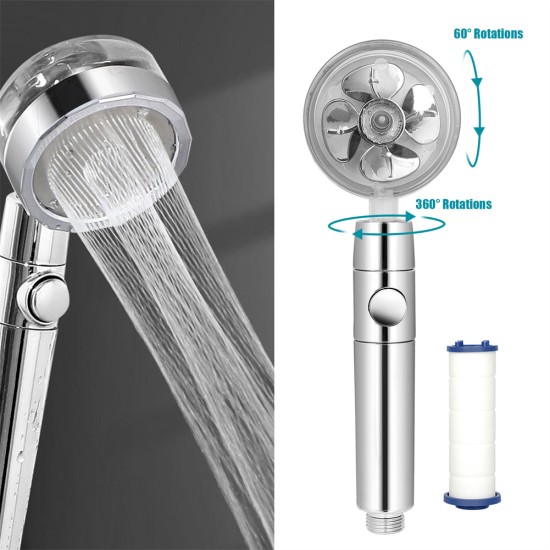 Shower Head Multi-color Water Saving Flow Detachable 360 Rotating High Pressure Nozzle with Turbo Fan Silver