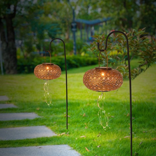 Solar Lantern Lamp Hollow Outdoor Hanging Decorative Lights for Garden Yard Tabletop Patio Lawn with S-Hook