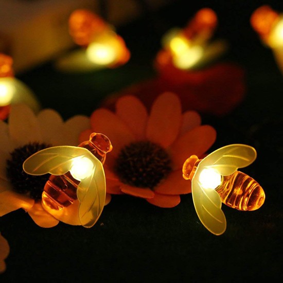 Solar Powered Cute Honey Bee Shape LED String Light Outdoor Garden Fence Patio Decor Warm White_6.5 m 30 LED