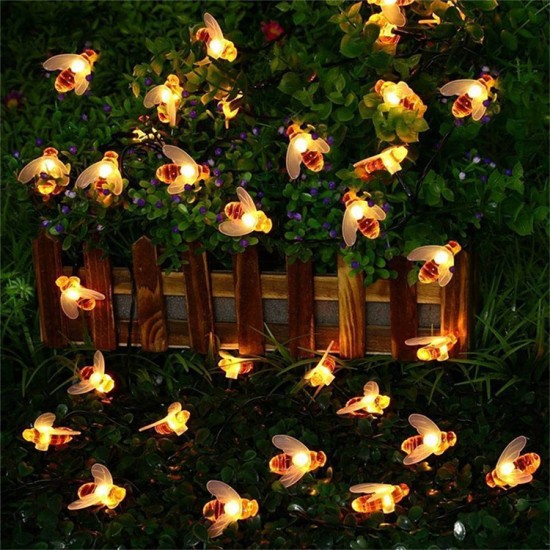 Solar Powered Cute Honey Bee Shape LED String Light Outdoor Garden Fence Patio Decor Warm White_6.5 m 30 LED