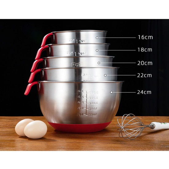 Stainless Steel Bowl with Handle for Beat Eggs Stir Fruit Salad Nonslip Silicone Bottom Bowl red