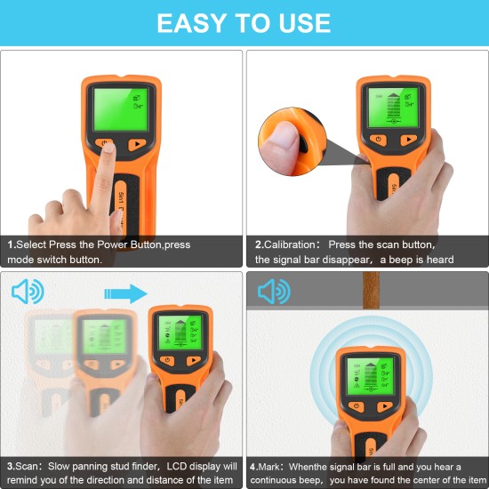 Stud Finder Wall Scanner Hw430 5-in-1 Stud Detector HD LCD Display Quickly Locating Sensor Finders for Wood Metal Orange