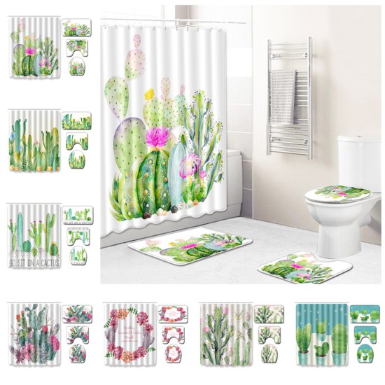 Succulent Plants Pattern Shower Curtain + Floor Mat +Toilet Seat Cover+ Foot Pad Set 180*180 shower curtain +45*75 three-piece floor mat set