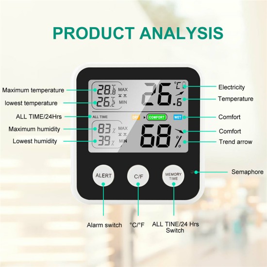 Thermometer High Precision Digital LCD Hygrometer Temperature Humidity Meter For Indoor Outdoor TS-9909-W