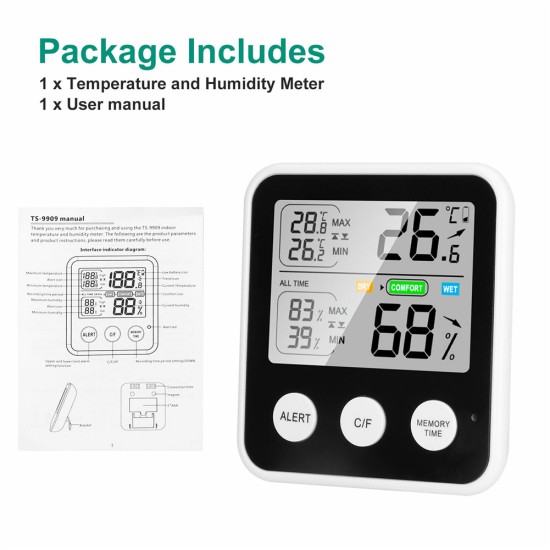 Thermometer High Precision Digital LCD Hygrometer Temperature Humidity Meter For Indoor Outdoor TS-9909-W