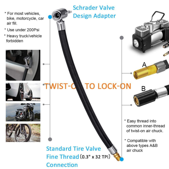 Tire Inflator Pump Hose Adapter for Twist On Convert to Lock On Connection 10CM