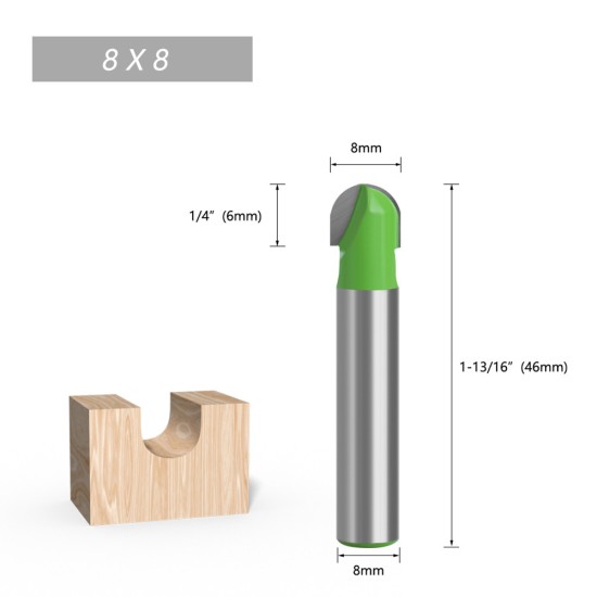 Tungsten Steel Alloy 8mm Shank Diameter Woodworking Semicircle Router Bit Tool 8X8