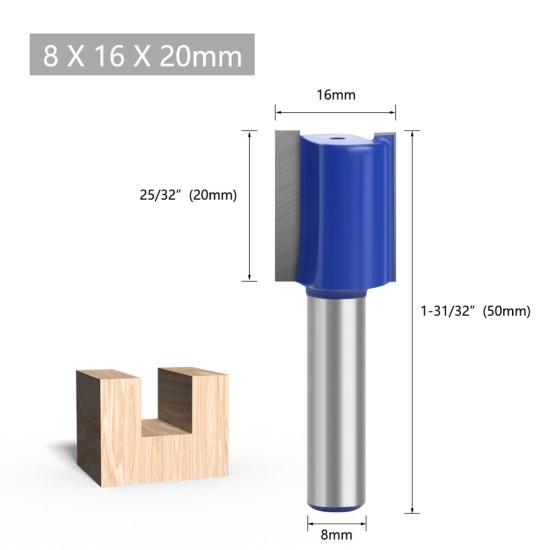 Tungsten Steel Alloy 8mm Shank Double Blades Straight Milling Tool 8x16x20mm