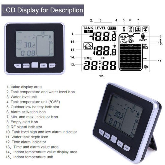 Wireless Ultrasonic Tank Liquid Depth Level Meter with Temperature Sensor Water Level Gauge Digital Level Measuring Meter TS-FT002