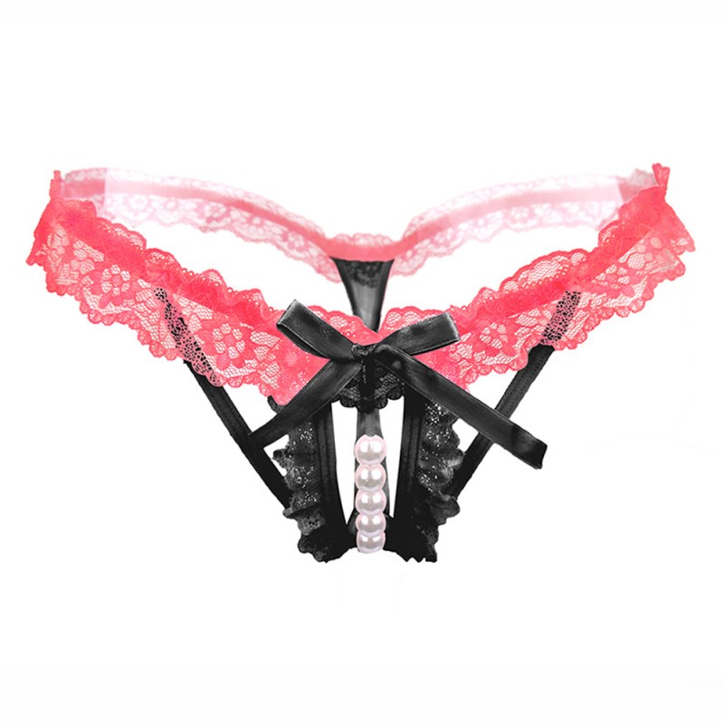 Women's Thong Lace Hollow Sexy Open Crotch Transparent Stretch T-pants With Pearl Massager red Women's Thong Lace Hollow Sexy Open Crotch Transparent Stretch T-pants With Pearl Massager red
