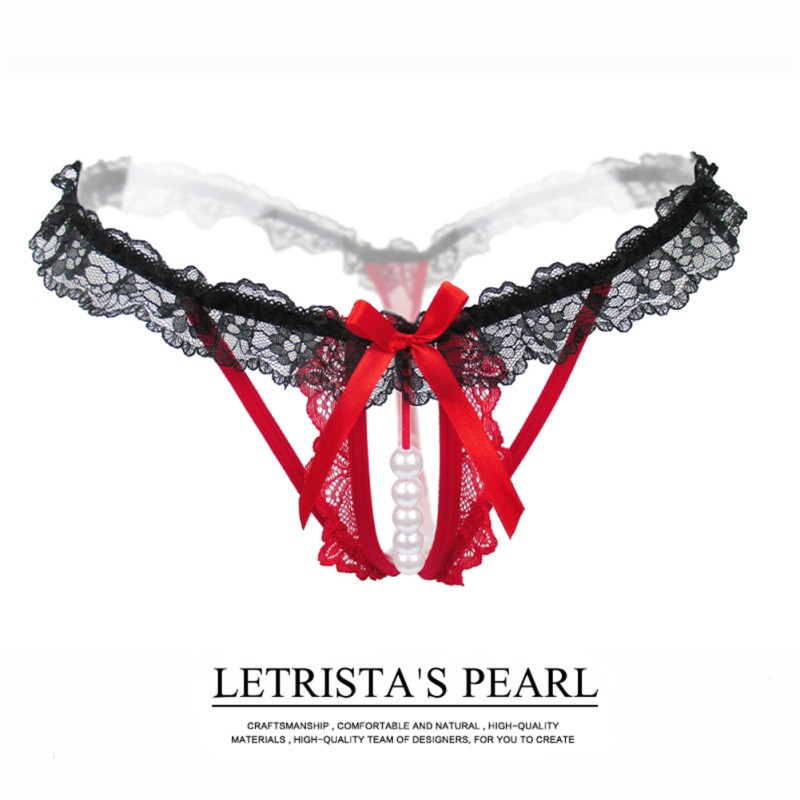 Women's Thong Lace Hollow Sexy Open Crotch Transparent Stretch T-pants With Pearl Massager red Women's Thong Lace Hollow Sexy Open Crotch Transparent Stretch T-pants With Pearl Massager red