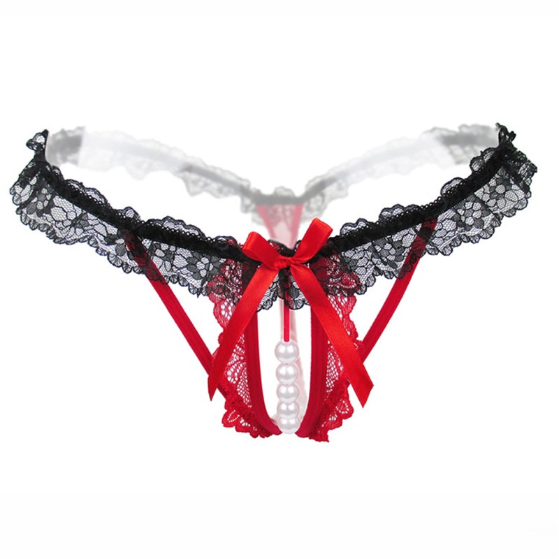 Women's Thong Lace Hollow Sexy Open Crotch Transparent Stretch T-pants With Pearl Massager red Women's Thong Lace Hollow Sexy Open Crotch Transparent Stretch T-pants With Pearl Massager red