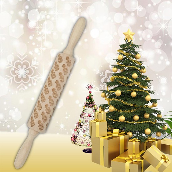 Wooden Christmas Elk Carvings Embossed Rolling Pin Cookie Baking Tool JM01691