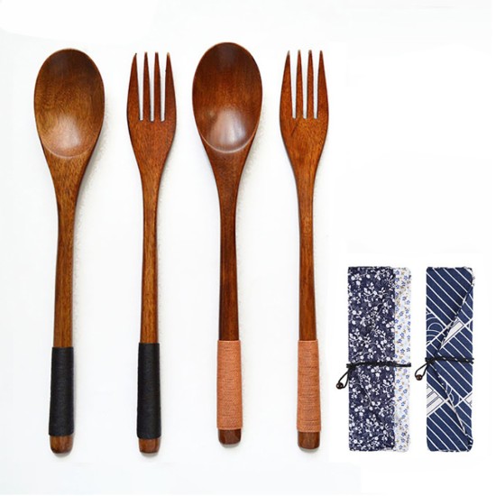 Wooden Tableware Cutlery Set Travel Including Long Handle Spoon Fork Chopsticks with Cloth Bag