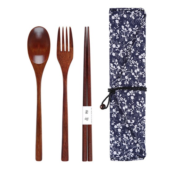 Wooden Tableware Cutlery Set Travel Including Long Handle Spoon Fork Chopsticks with Cloth Bag