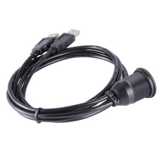 Dual USB Socket Extension Cable Car Dashboard Flush Mount 2 USB Plug Lead Panel Data Cord Motorcycle Wire Charger black