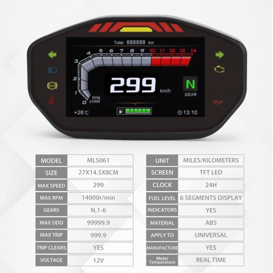 General Motorcycle LCD TFT Digital Speedometer 14000RPM 6 Gear Backlit Motorcycle Odometer for 2 4 Cylinder