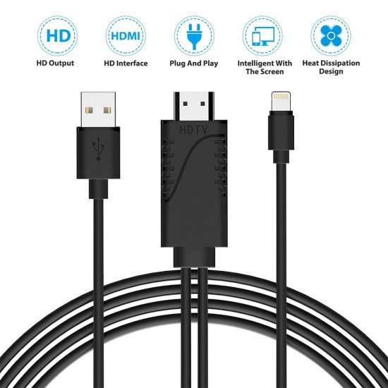 8-pin to HDMI Adapter 1080P HDTV Cable with Cooling Vents for iPhone X/8/ 7/iPad/iPod Touch black