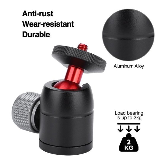 VELEDGE 360° Rotatable Mini Gimbal Tripod Ball Head Mount with 3/8"to 1/4"Adapter black red