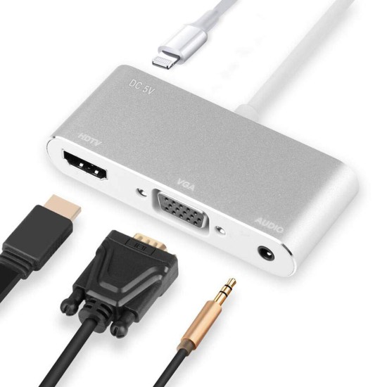 for HDMI VGA AV Adapter 4K Video Audio Conventor for iPhone/iPad/iPod to HDTV Projector Monitor Silver