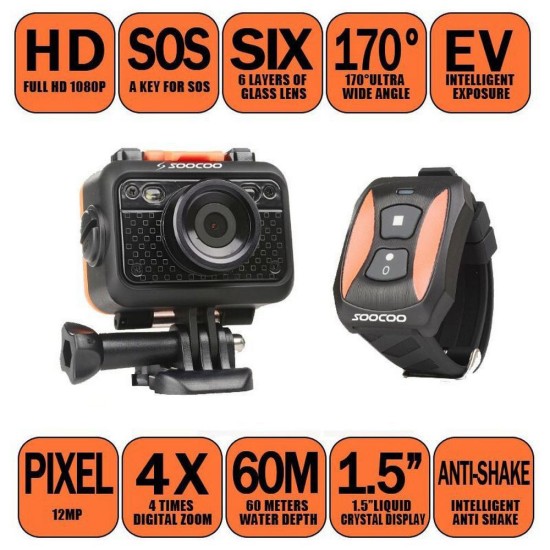 Original SOOCOO S60 HD 1080P WiFi Sports Action Camera 170 Degrees Wide Angle Lens 60m Waterproof 2.4G Wireless Remote Control