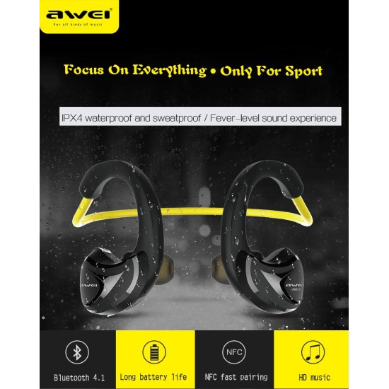 AWEI A880BL Sport Wireless Headphones Bluetooth Earphones Headset for Phones Running In-Ear Earphone Earpiece Yellow