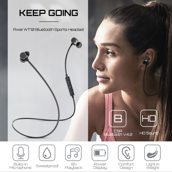 AWEI WT10 Bluetooth Earphone Wireless Headphone Headset Neckband Sport Earphone for Phone Black