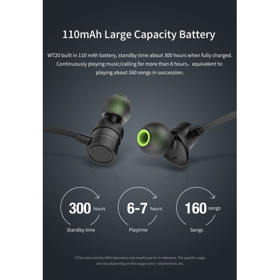 AWEI WT20 Bluetooth4.2 Stereo Wireless Earphone In Ear Sport Running Earbuds with Mic for phone Black