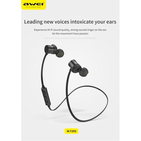 AWEI WT20 Bluetooth4.2 Stereo Wireless Earphone In Ear Sport Running Earbuds with Mic for phone Black