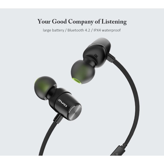 AWEI WT30 Bluetooth Sport Earphone Headphone Waterproof In Ear Earphone Wireless Headset With Mic Black