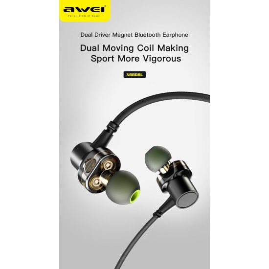 AWEI X660BL Bluetooth Headphones Dual Driver Earphones Wireless Headset with Mic Bass Stereo Earbuds Gray