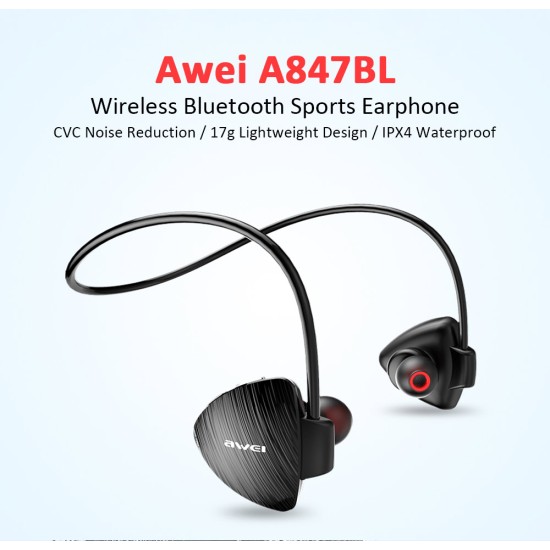 Awei A847BL Wireless Sweatproof Earphone Ear Hooks Neckband Style Bluetooth Sports Earbuds For Mobile Phone Black