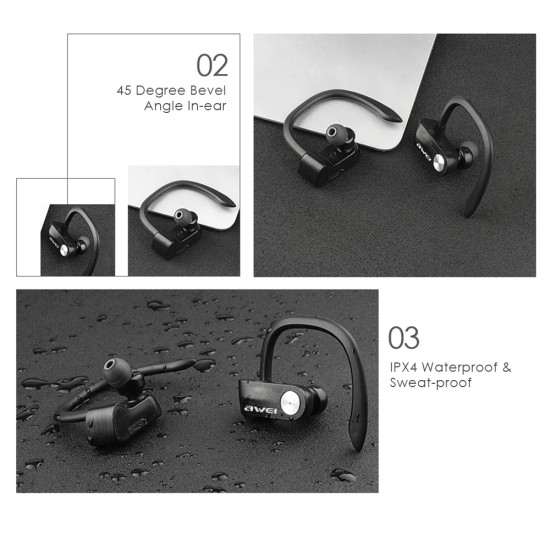 Awei T2 TWS Sports Ear Hook Bluetooth Waterproof Wireless Headphones Mini Separate Stereo Headphones Black