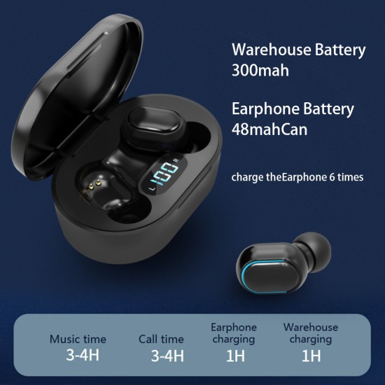 E7s Wireless Headset, Bluetooth-compatible 5.0 Noise Reduction Earphone Led Screen, Large Charging Capacity 300mah Headphone black