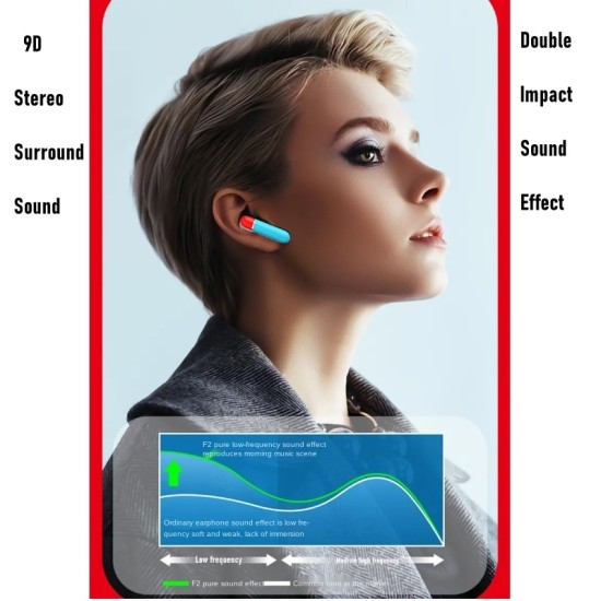 F2 Bluetooth-compatible  5.0  Headphones Low Latency Noise Cancelling Sports In-ear Earbuds Long Battery Life Gaming Wireless Tws Headset blue