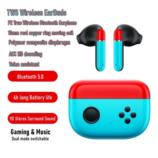 F2 Bluetooth-compatible  5.0  Headphones Low Latency Noise Cancelling Sports In-ear Earbuds Long Battery Life Gaming Wireless Tws Headset blue