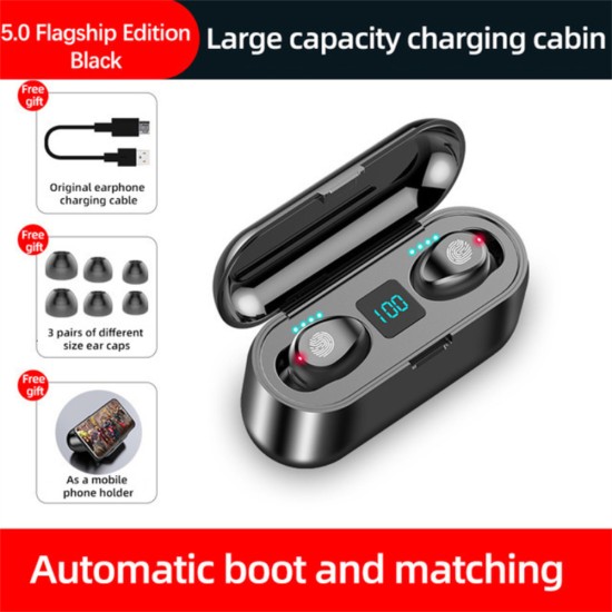 F9 Tws Bluetooth 5.0 Earphone Wireless Headphone Stereo Mini Headset Sports Earbuds with Microphone Charging Case Black