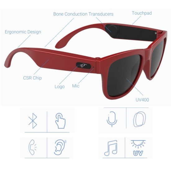 G1 Bone Conduction Music Playing Headset Polarized Glasses Sunglasses Black Frame Red Lenses