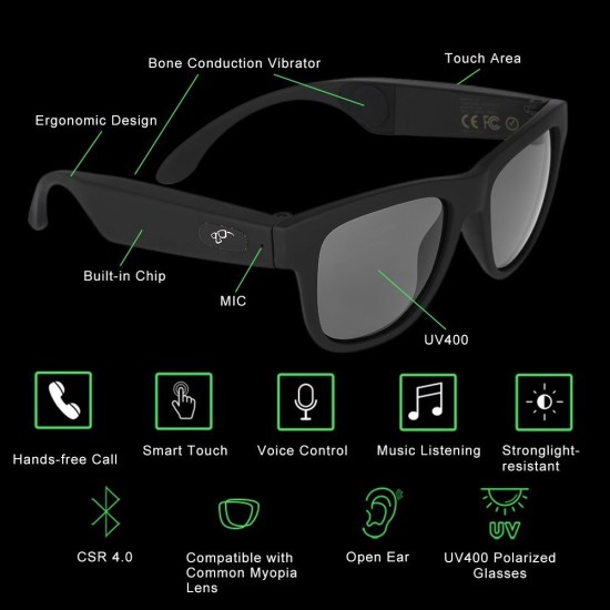 G1 Glasses Bone Conduction Headphone Ear Carer Touch Panel Filter UV Ray  Sunglasses Bluetooth 4.0 Headset  black