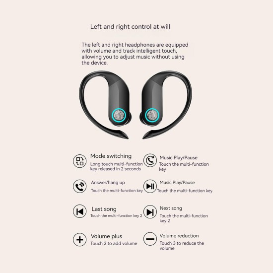 G37 Tws Dual Ear Headset Bluetooth  Wireless Touch Control Ear Hook Digital Display Sport Headphones Black