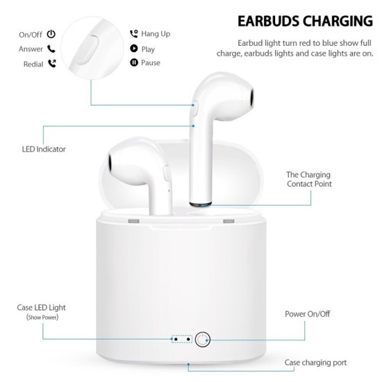 I7S Tws Wireless Bluetooth Headset With Charging Compartment Power Capacity Display Earphones White