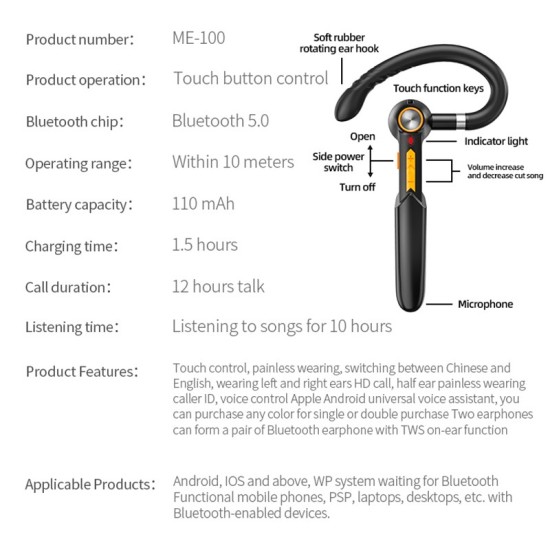 Me-100 Bluetooth  Headset Wireless Portable Stereo Hd Headset With Microphone Black orange