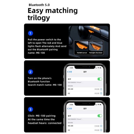 Me-100 Bluetooth  Headset Wireless Portable Stereo Hd Headset With Microphone Black orange