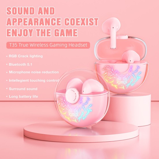 Onikuma T35 Gaming Bluetooth Headset RGB Transparent Crack Light Enc Noise Cancelling Wireless In-ear Headphones Pink