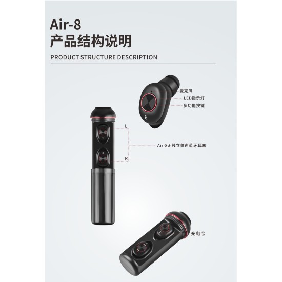 Portable Air8 i12 Wireless i7 Bluetooth Headset i9stws5.0 In-ear Earphone Bilateral Stereo Headphone Black red