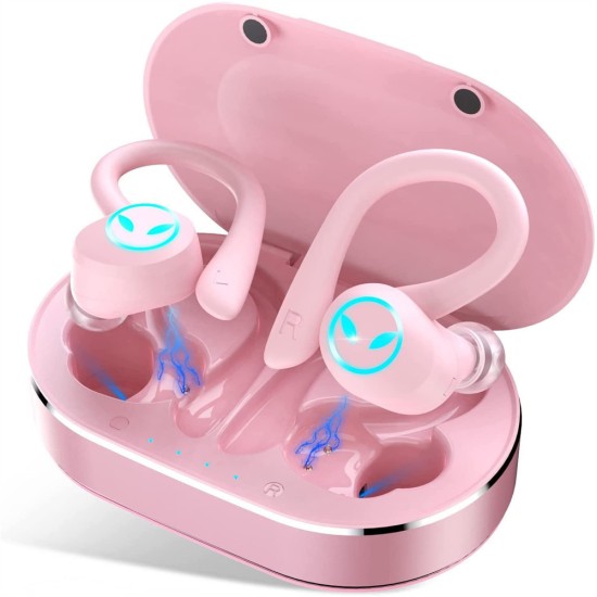 Q25 Pro Wireless Earphones Bluetooth Stereo Bass Earbuds Ear Hook Noise Cancelling Sports Gaming Headsets Pink