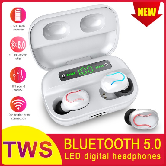 Q82 TWS Bluetooth 5.0 Earphones with LED Digital Display Charging Compartment Mobile Power Bank Travel Headset black