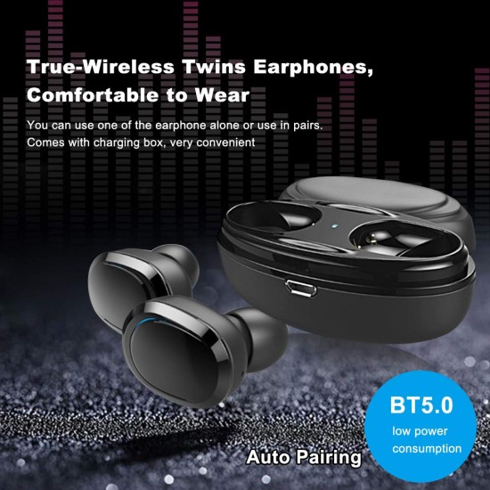 T12 TWS Wireless Earphone Dual Earbud True In-ear Stereo Bluetooth Headset with Microphone Charging Box black